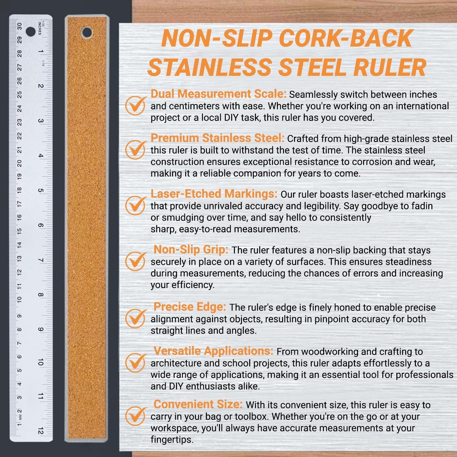 Stainless Steel Metal Ruler with Non-Slip Cork Back for Home Improvement, Planne
