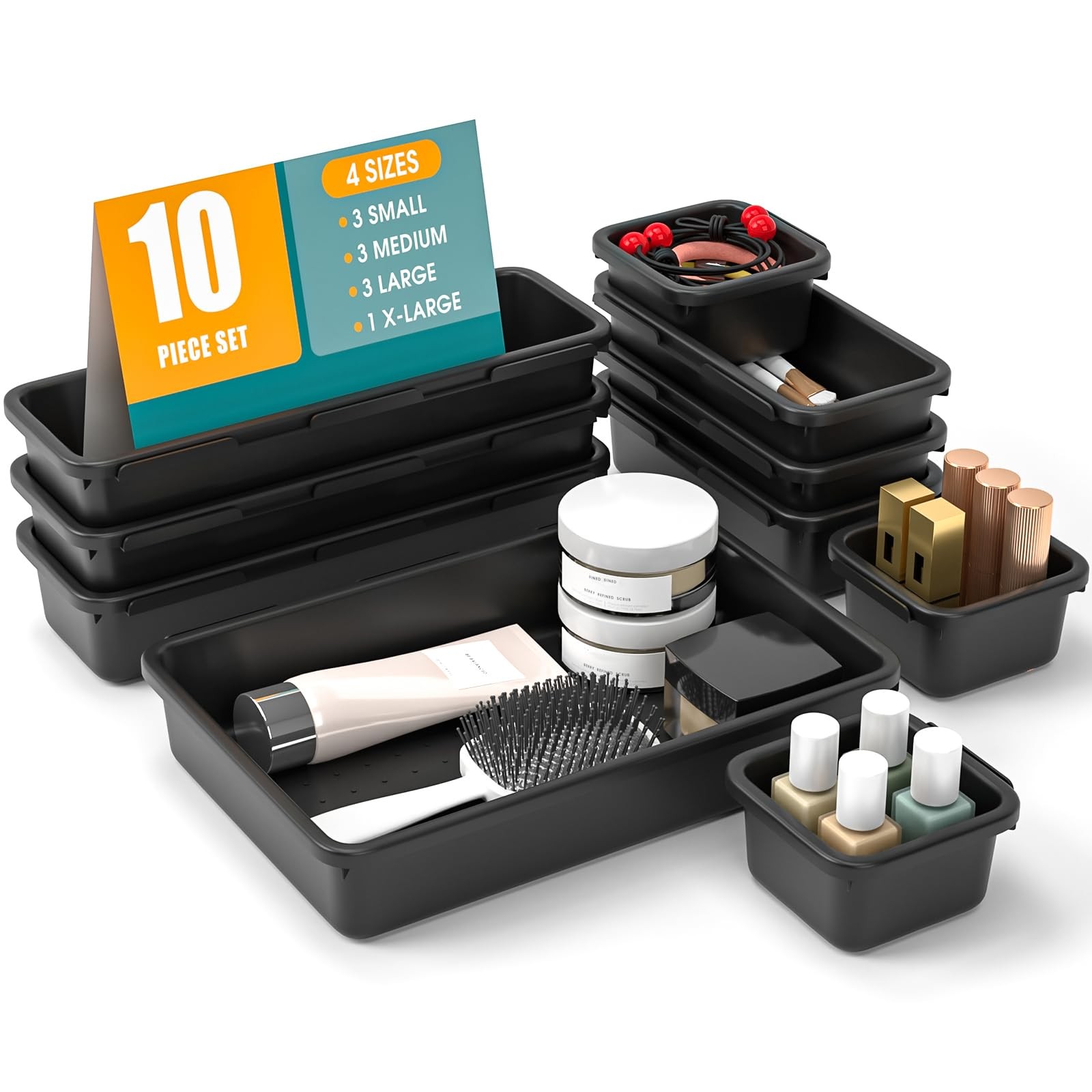 StoreHappily 10 PCS Drawer Organizer Set, 4 Size Makeup 10Pack, Black