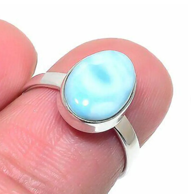 Larimar Gemstone Dainty Ring Solid 925 Silver Handmade Women Ring All Size SR116
