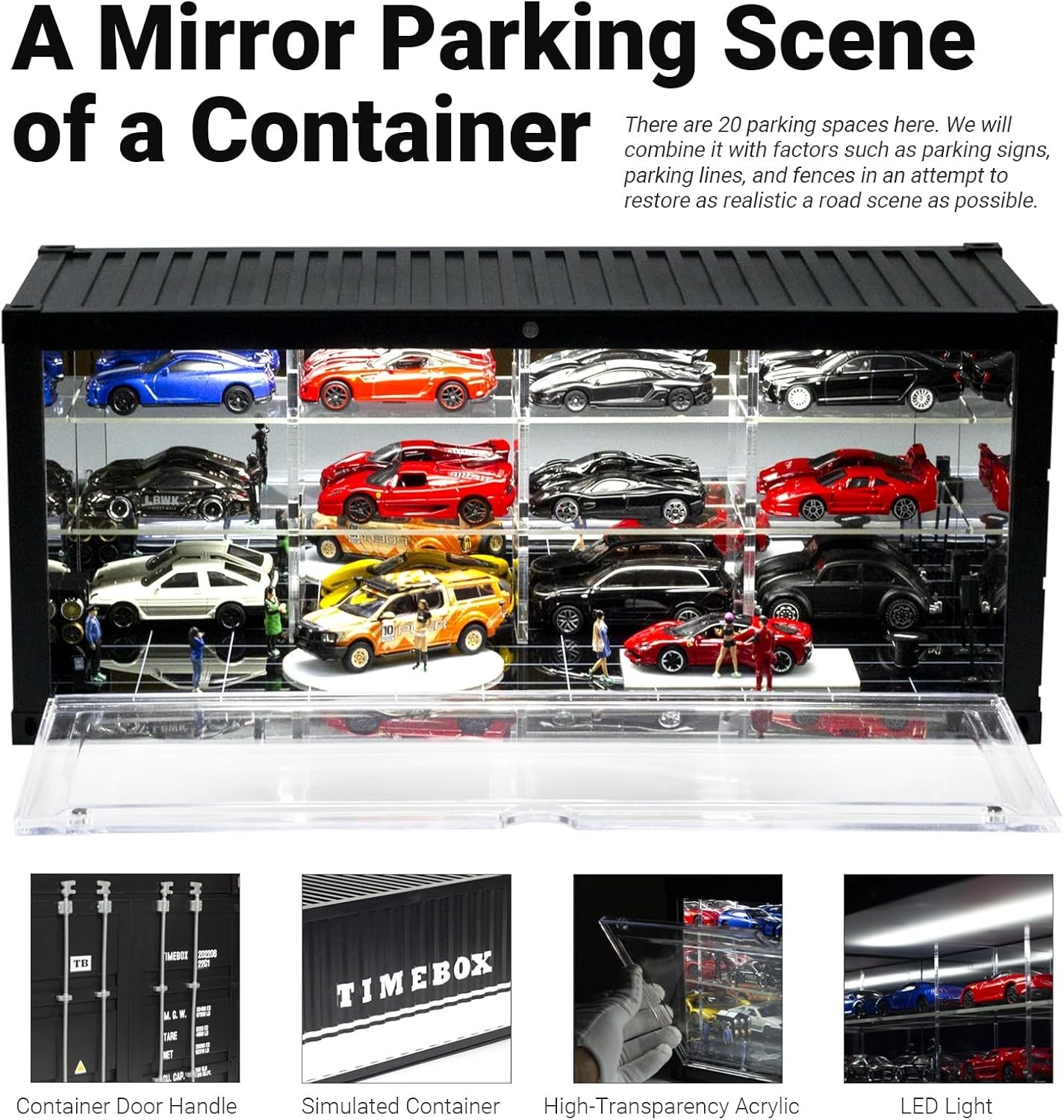 Car Display Case 16 Acrylic LED Light 1/43 Model Diecast 1/64 Garage Box Cabinet