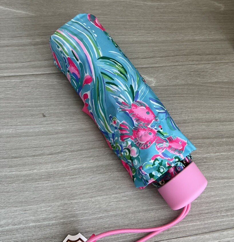 Lilly Pulitzer Mini Travel Umbrella Amalfi Blue Best Fishes Length 7 inches