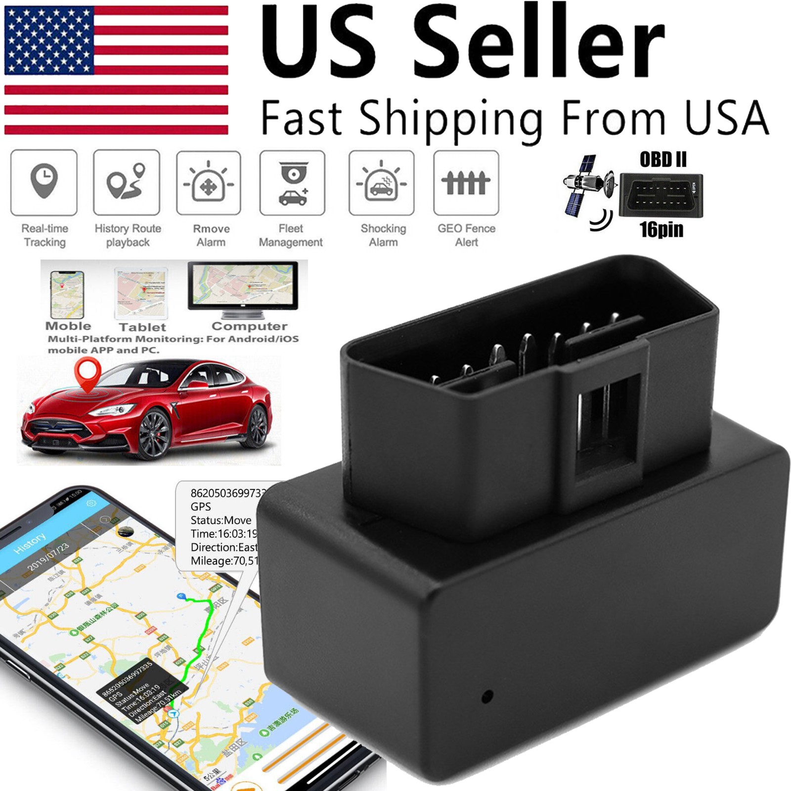 OBD2 GPS Tracker Real Time Vehicle Tracking Device OBD II Car Truck Locator US