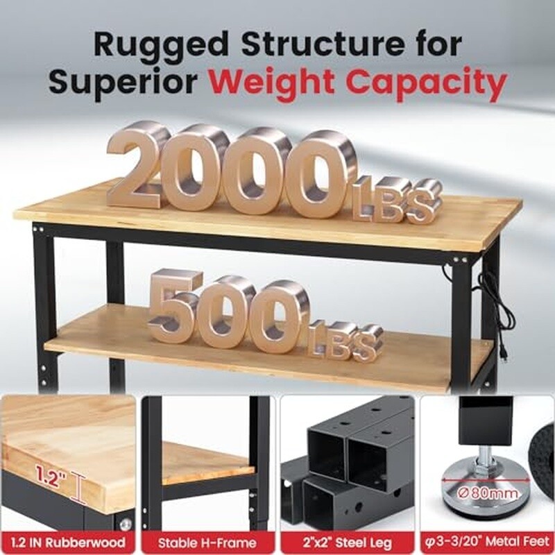 Adjustable Height Work Table 60 In Garage Workbench W/ Storage Power Outlets New