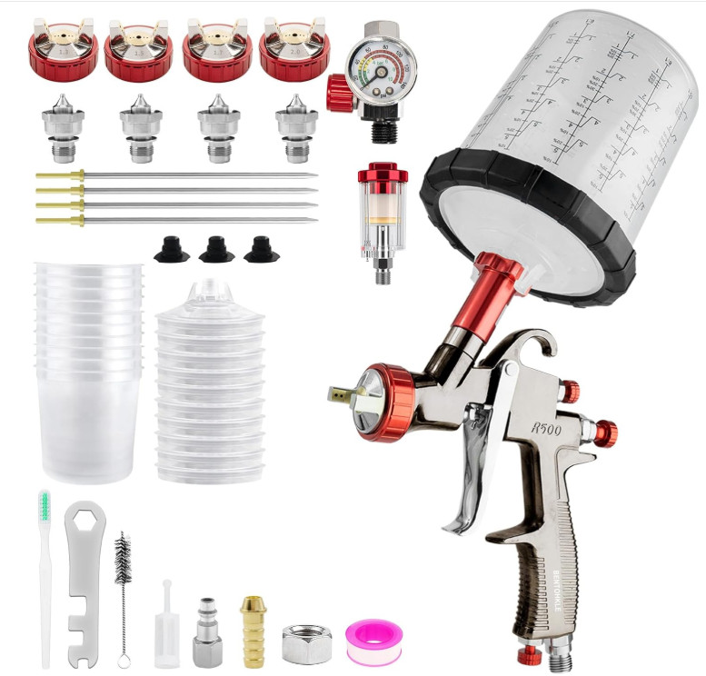 Pistola de Pintura LVLP R500 con 10 Vasos 650ml y 4 Boquillas 1.3-2.0mm, Nuevo
