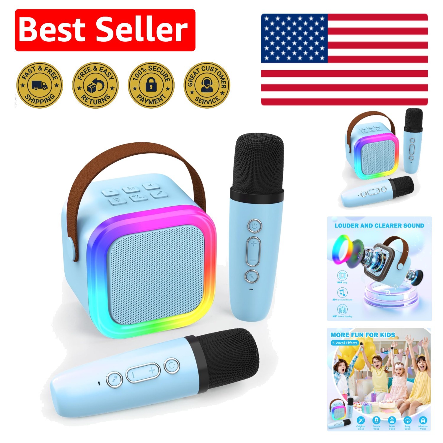 Portable Bluetooth Karaoke Machine with LED Lights & 2 Wireless Mics - Ages 4-12