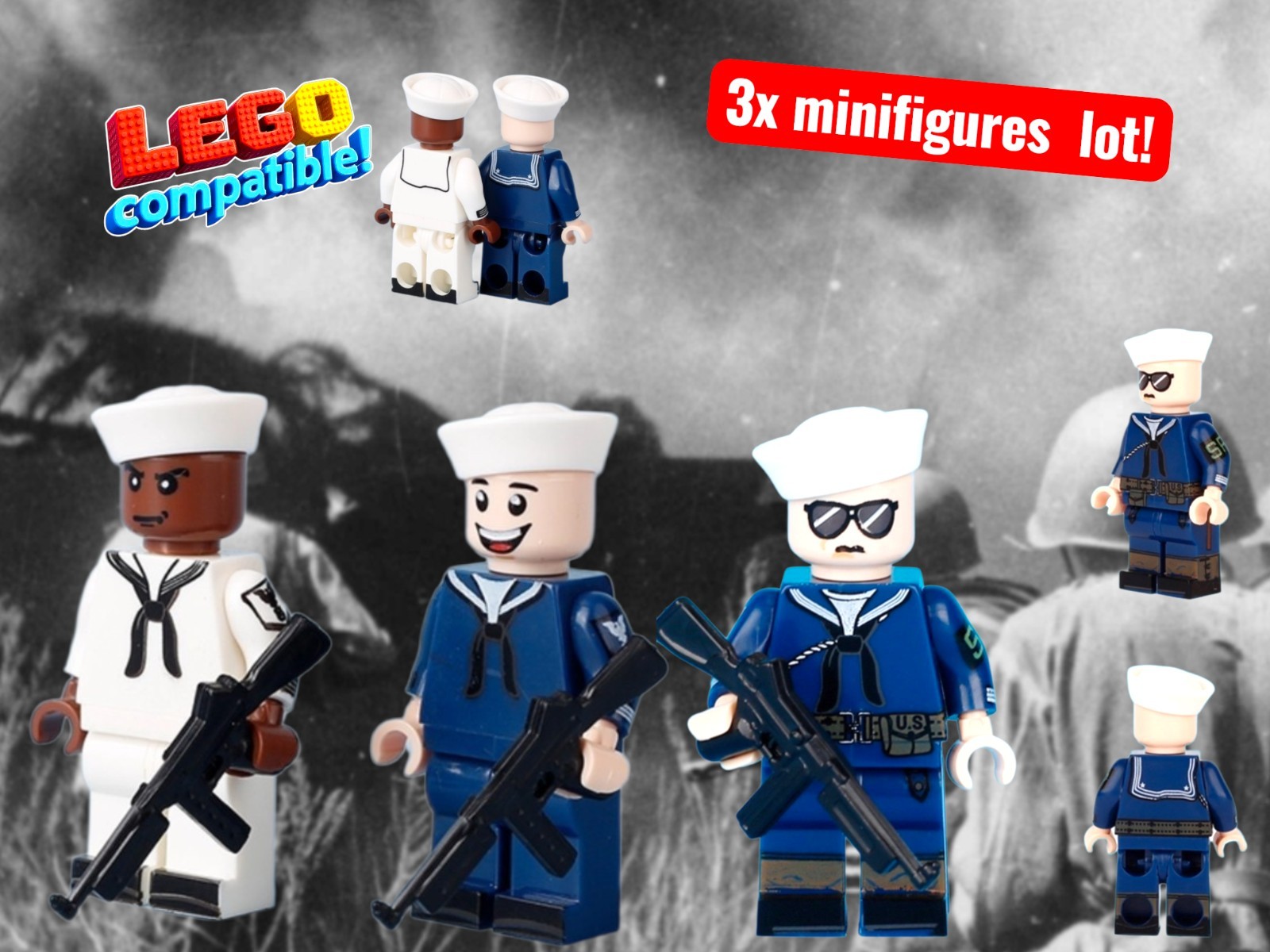 3 Figure USA AMERICAN Navy Sailors Military Mini figures WWII Seaman Naval Brass