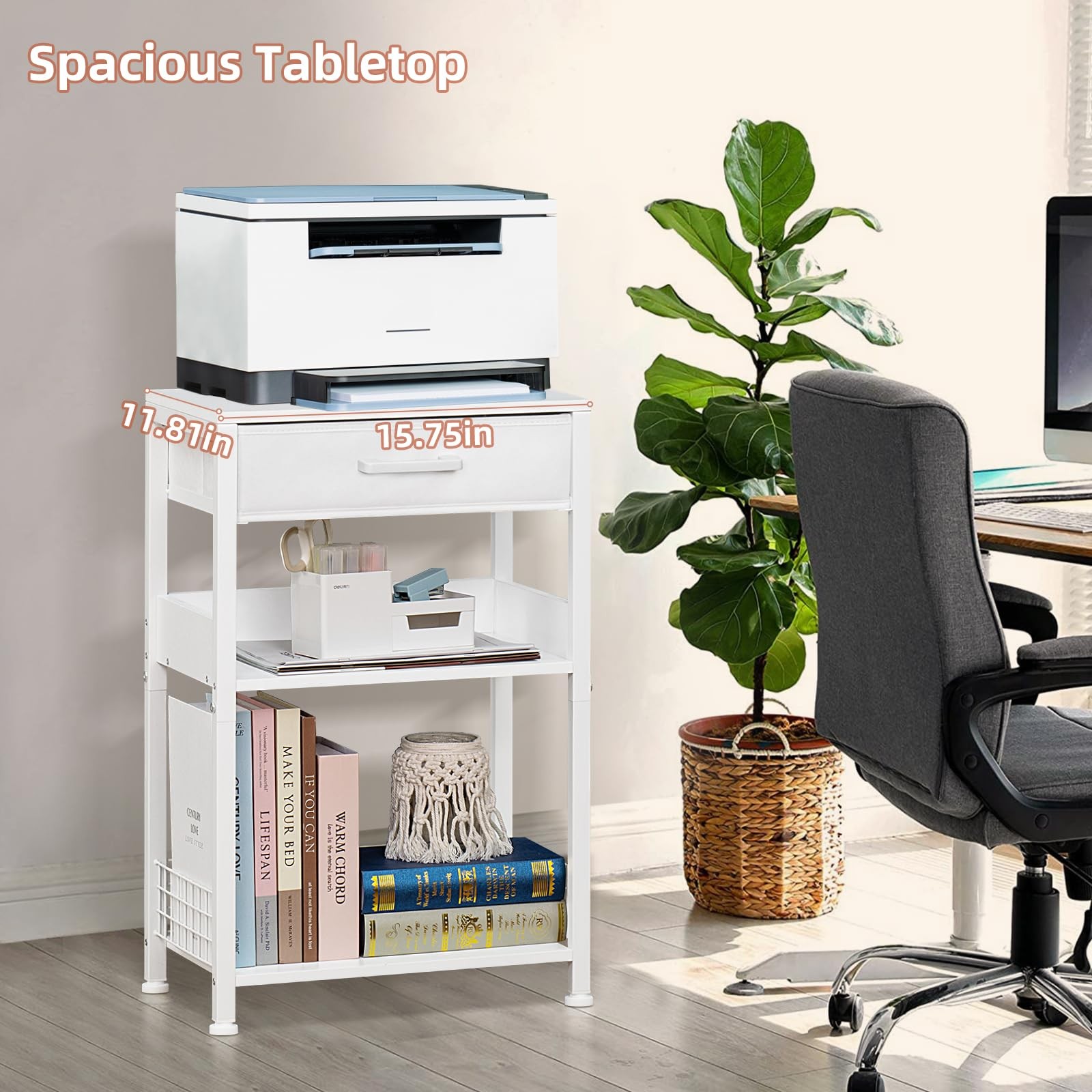 White Printer Stand with Fabric Drawer 3 Tier Side Table Storage Shelf