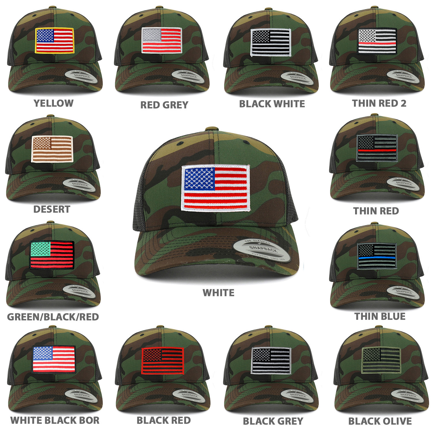 American Flag Patch Snapback Trucker Mesh Cap - Camo - FREE SHIPPING