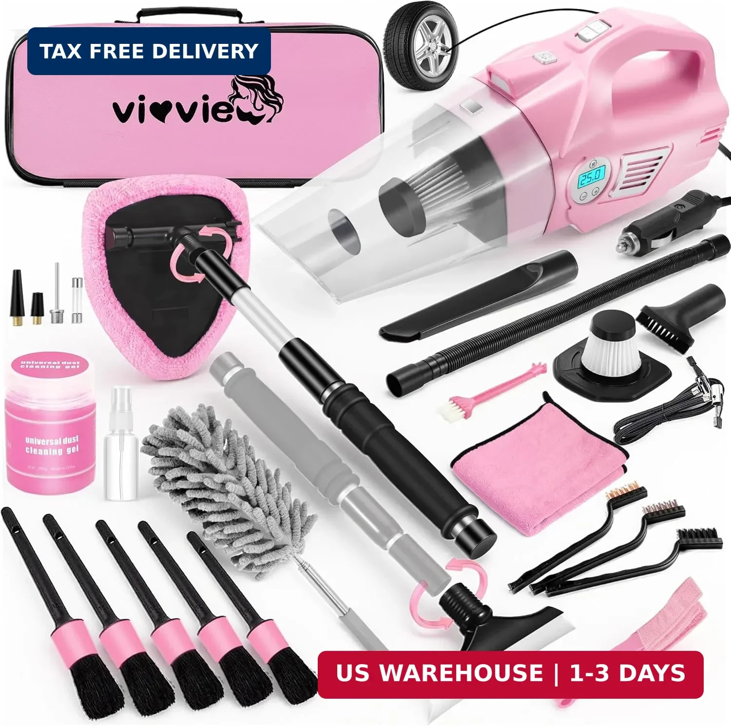 Pink Car Cleaning Kit, 25Pcs Detailing Kit Interior with 4-in-1 Power Handheld V