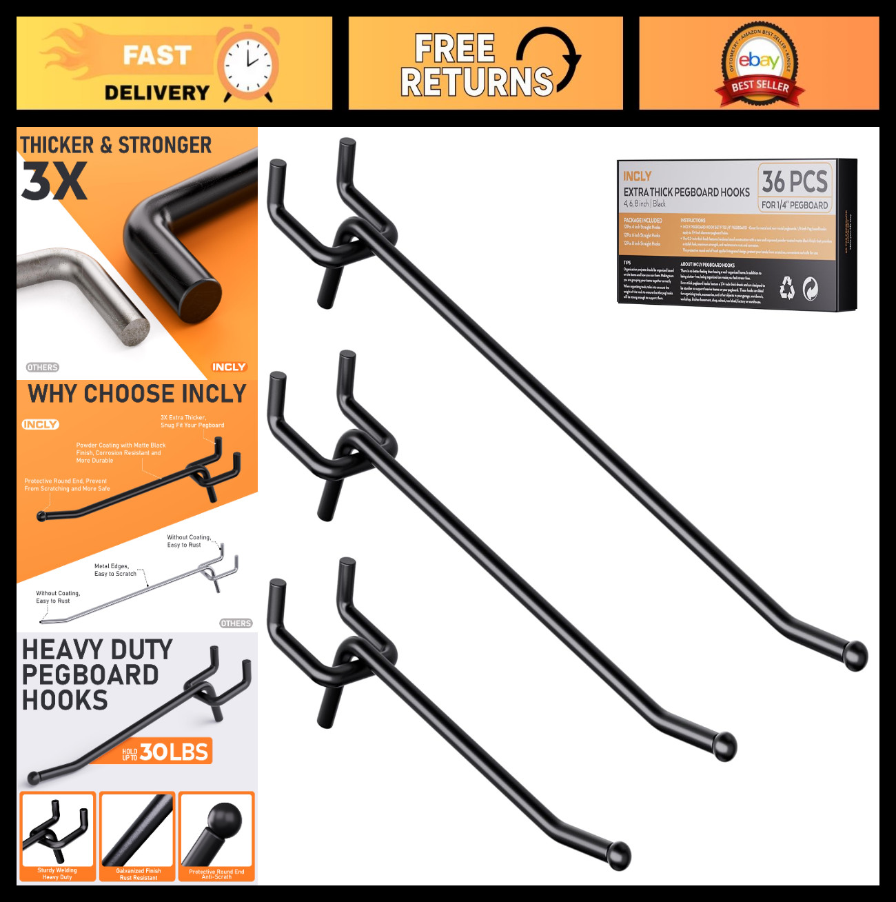 36 Pack Heavy Duty Pegboard Hooks 4/6/8 Inch | Tool Hangers for Garage Organizat