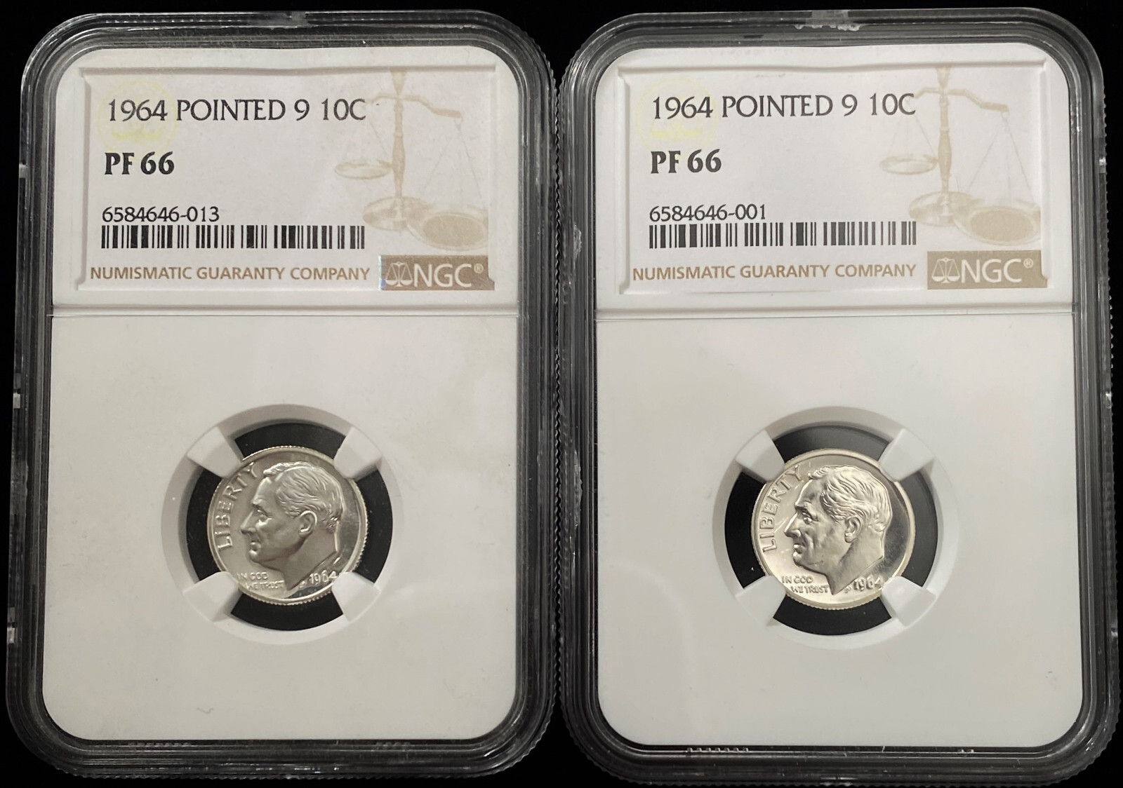 Collector Lot of 10 - 1964 Pointed 9 Variety Roosevelt Dime NGC Certified  PF66