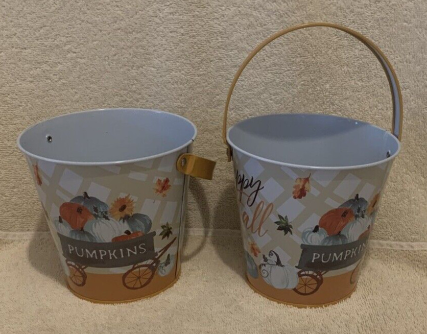 2 Pc Greenbrier HAPPY FALL Tin Candy Pail 5x5 - EUC