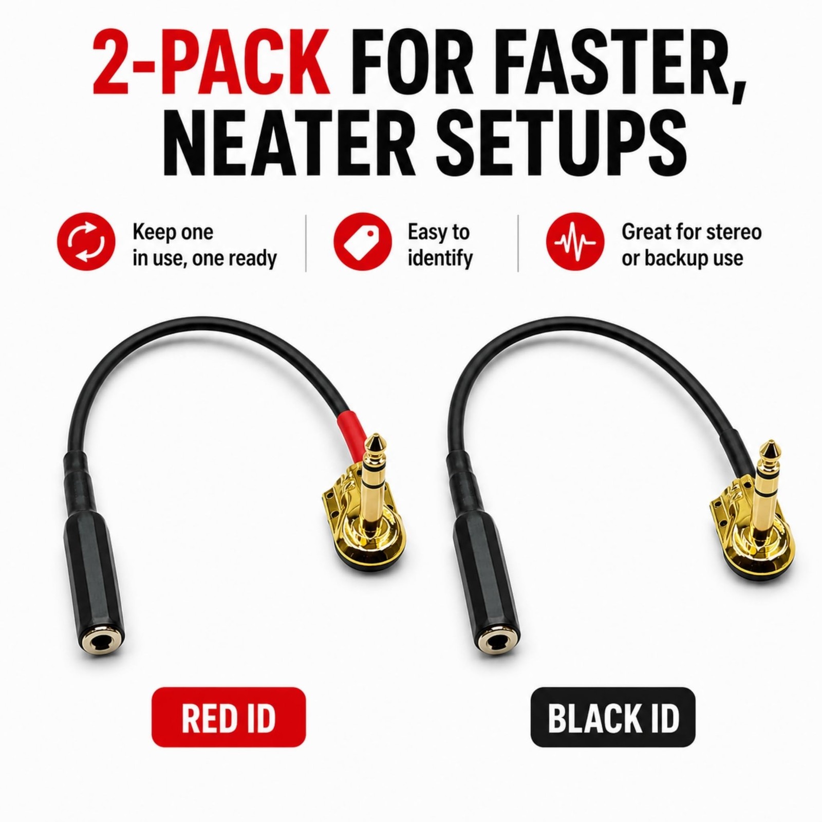 TRS Patch Cable 1/4 Right Angle 1Ft 2-Pack Gold Plated OFC for Pedalboard | 2...