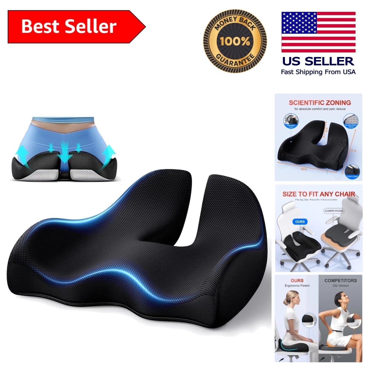 19" x 17" Ergonomic Memory Foam Cushion for Pressure Relief & Luxurious Comfort