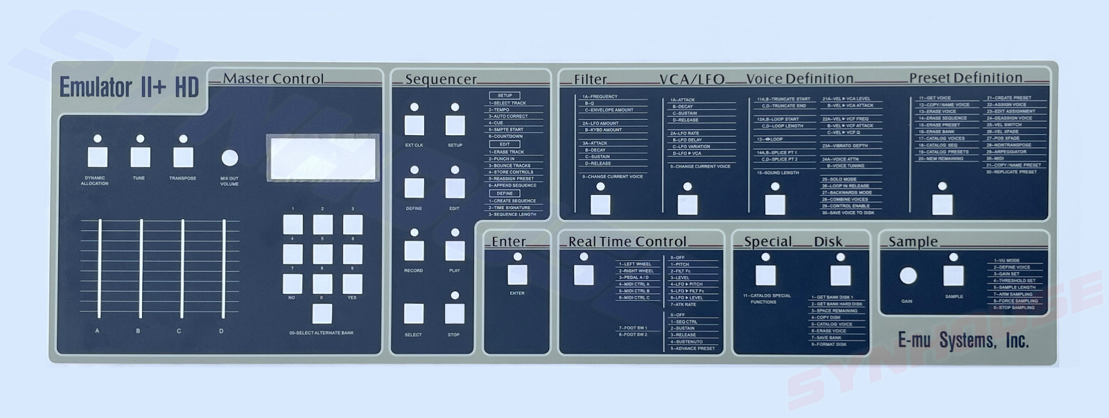 WORLD'S FIRST E-mu Emulator II+ HD Replacement Main Control Panel Overlay NEW!