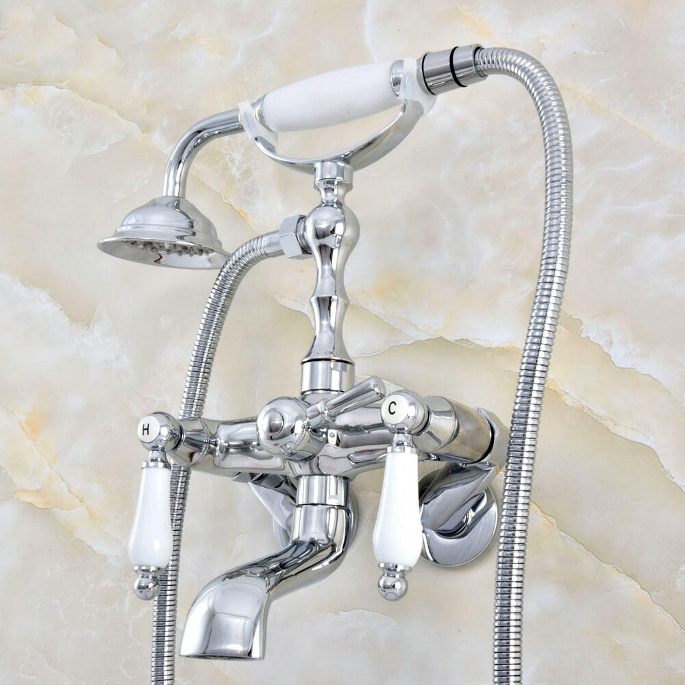 Chrome Clawfoot Bath Tub Faucet Filler Mixer With Hand Shower 3 3/8" Adjustable