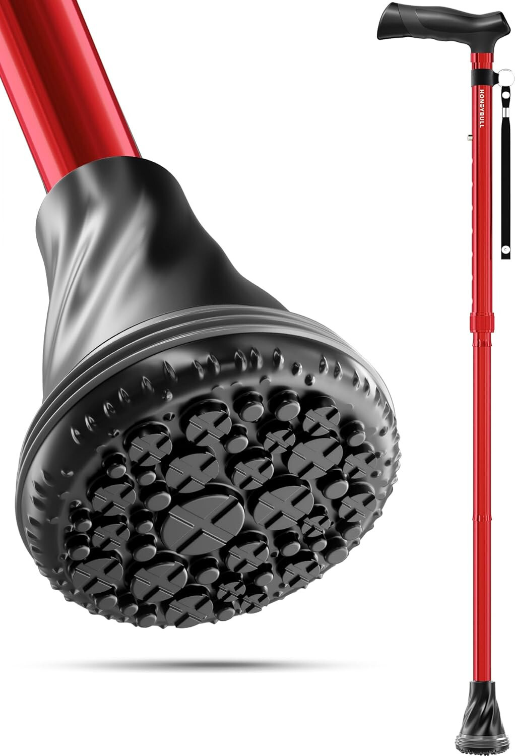 HoneyBull Walking Cane | Extra-Wide Air-Tip Base, Red, Foldable, Adjustable