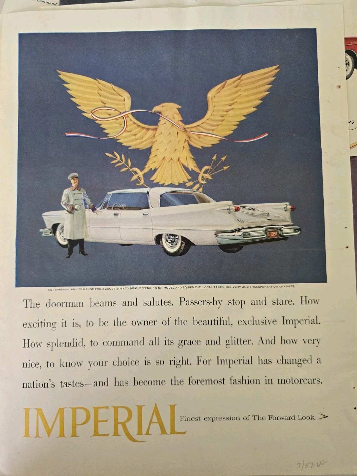 1957 White Chrysler Imperial Car Eagle Emblem Vintage ad