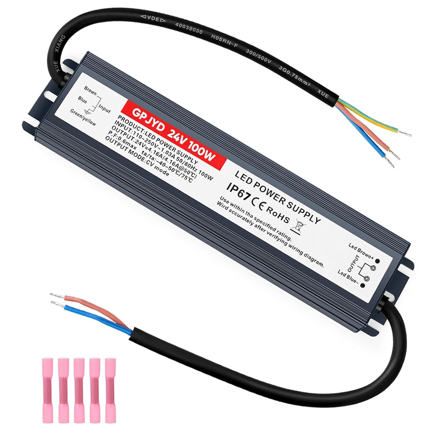 24V Power Supply 100W LED Driver Waterproof IP67, 110V-250V AC to 24V DC 4.16A L