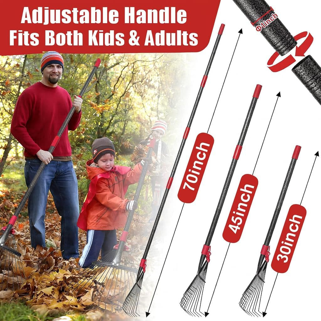 Collapsible Rake for Leaves - 70" Adjustable Long Handle Yard Rake, Expandable M