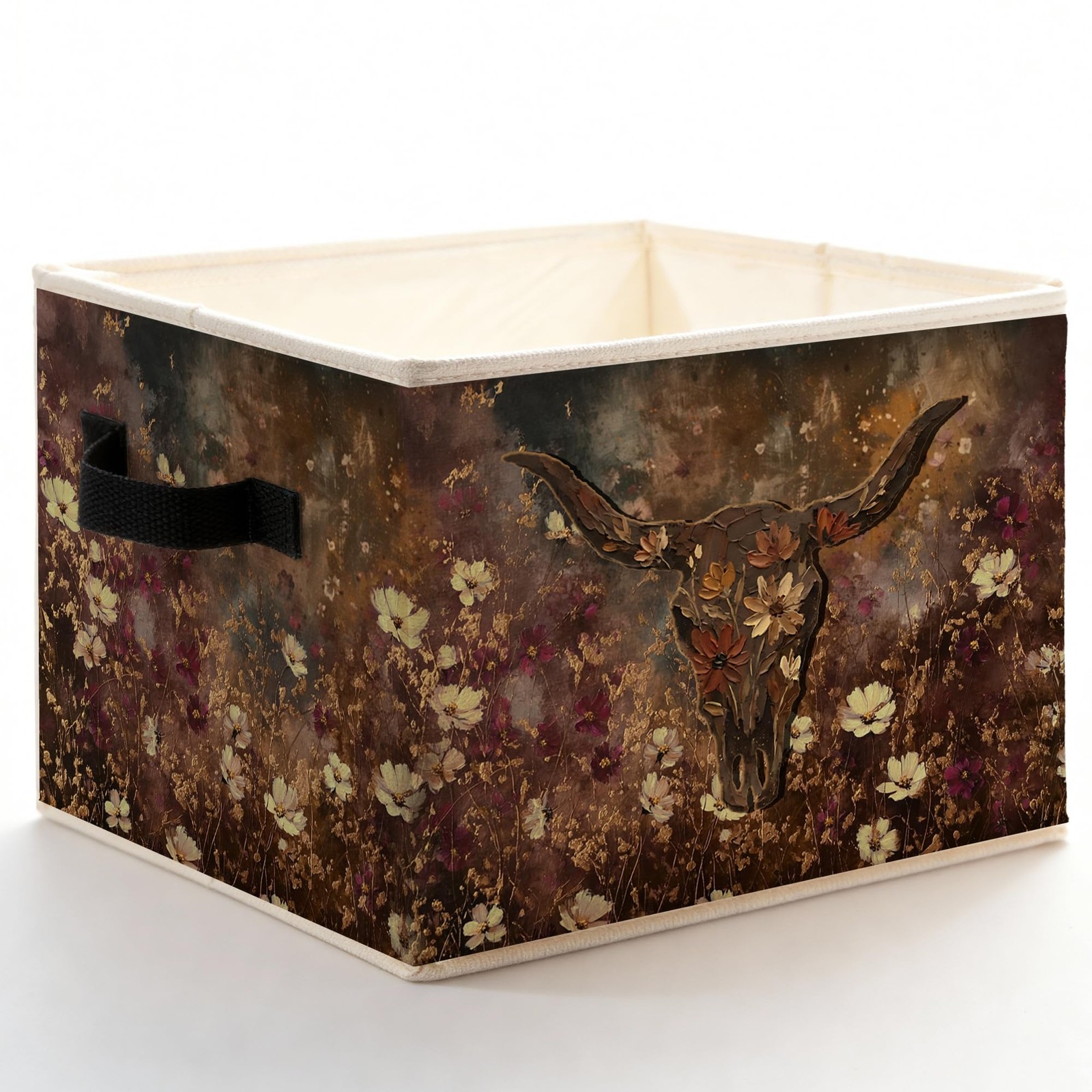Boho Western Floral Bull Skull Storage Bins Box with Handles, Rustic Vintage ...