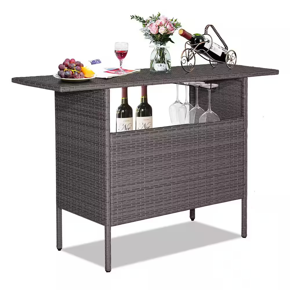 Patio Rattan Wicker Bar Height Counter Table Storage Shelf Rail Garden