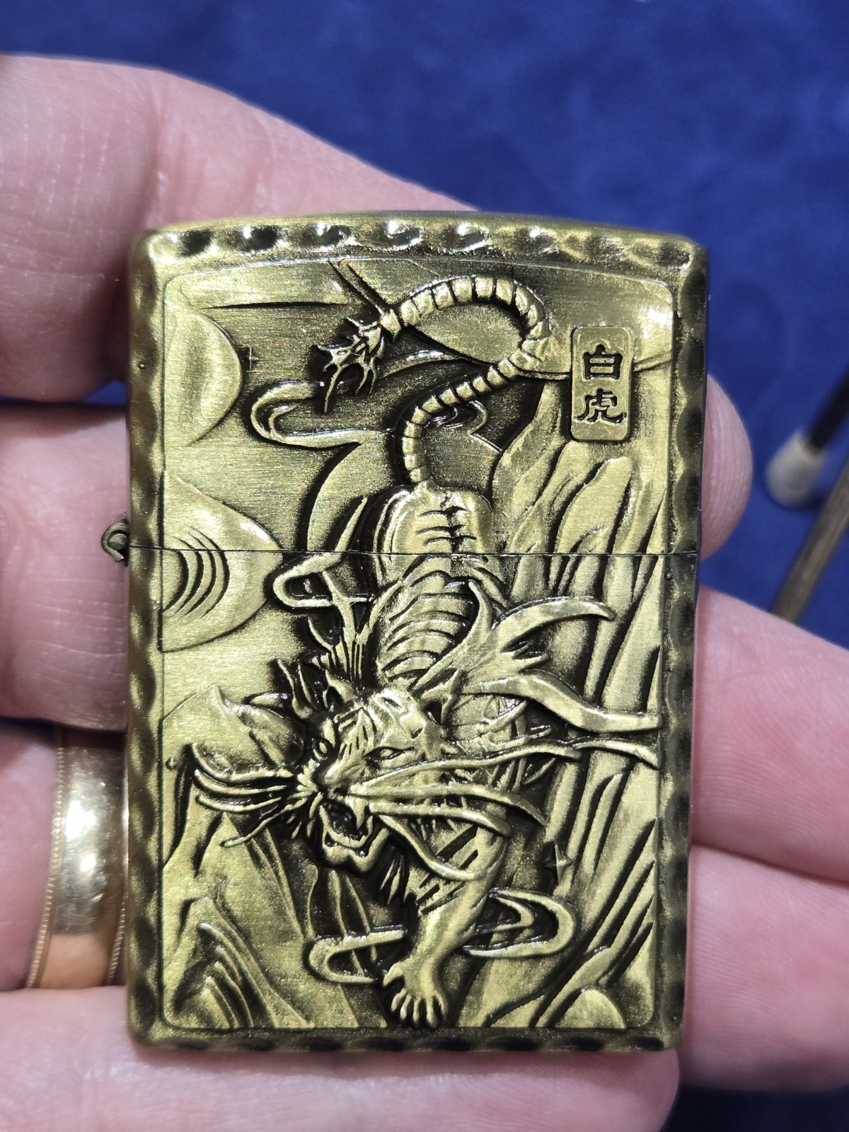 Bohai Embossed Gold Brass White Tiger Dragon Lighter Brand New