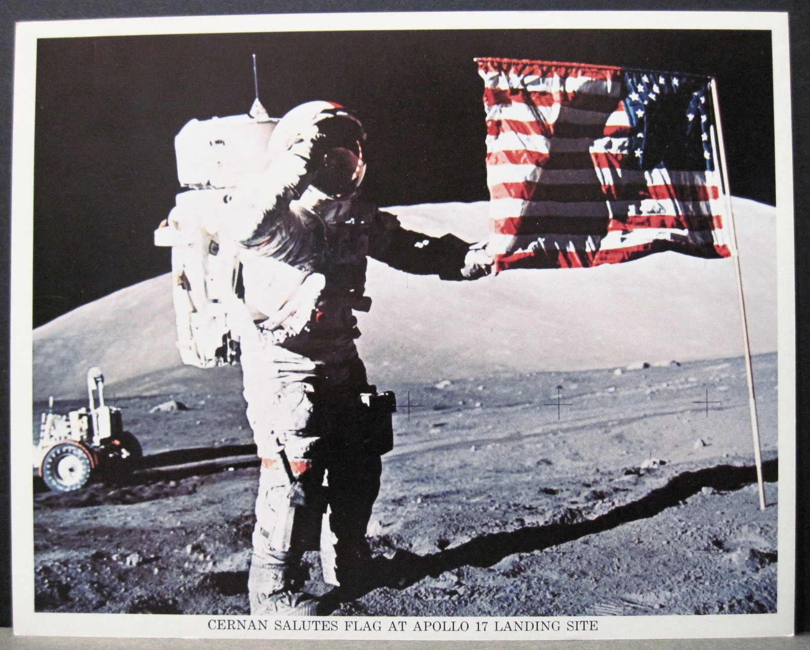 1973 The LAST Apollo 17 Moon NASA Rover Astronaut RARE CONTROVERSIAL FLAG Photo