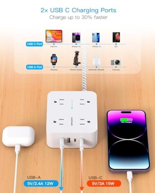 Surge Protector Power Strip - 8 Outlets 4 USB (2 USB C) Charging 5ft White