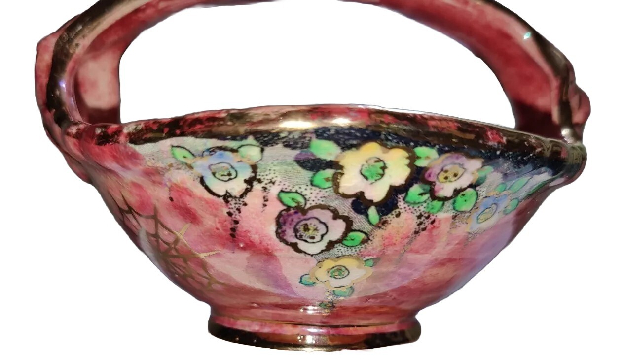 Sylvan Lustreware Basket Bowl Floral Hand Painted England Royal Bradwell VTG