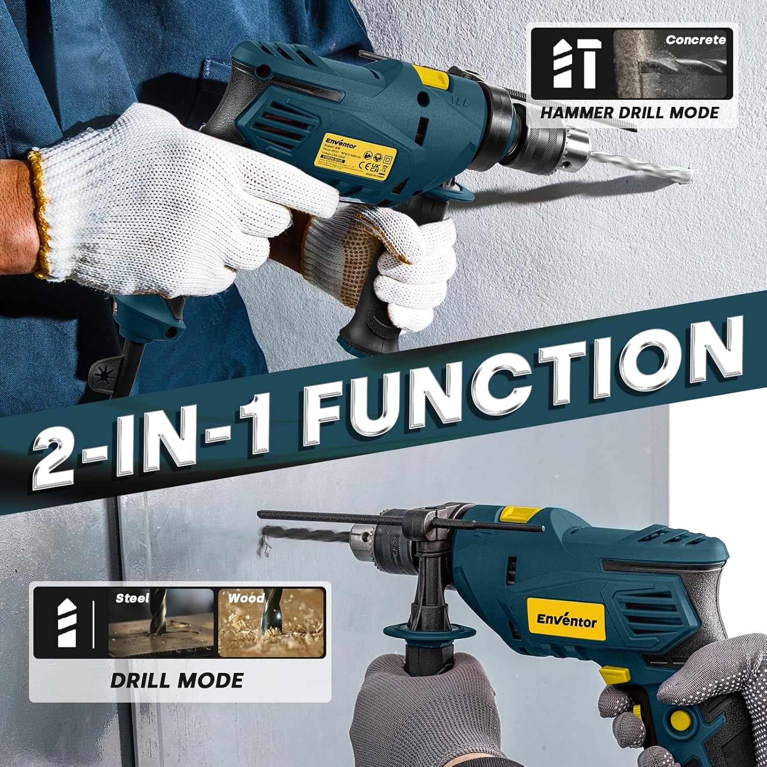 7.5 Amp Electric Hammer Drill with 2-in-1 Function, 900W, 360° Handle & 9 Bits