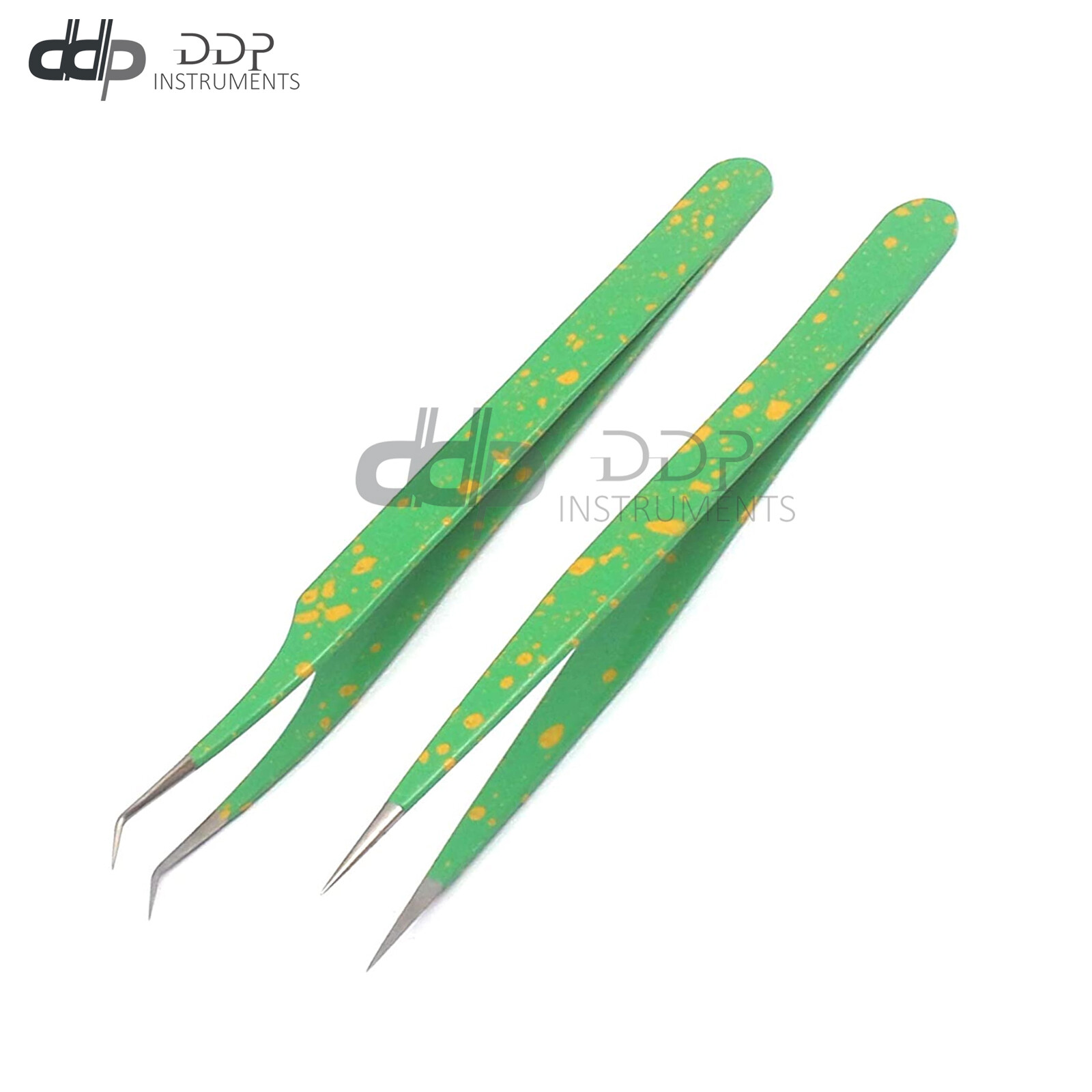 2 Pcs Straight & Curved Tip Tweezer Nipper For Eyelash Extension, Green & Yellow