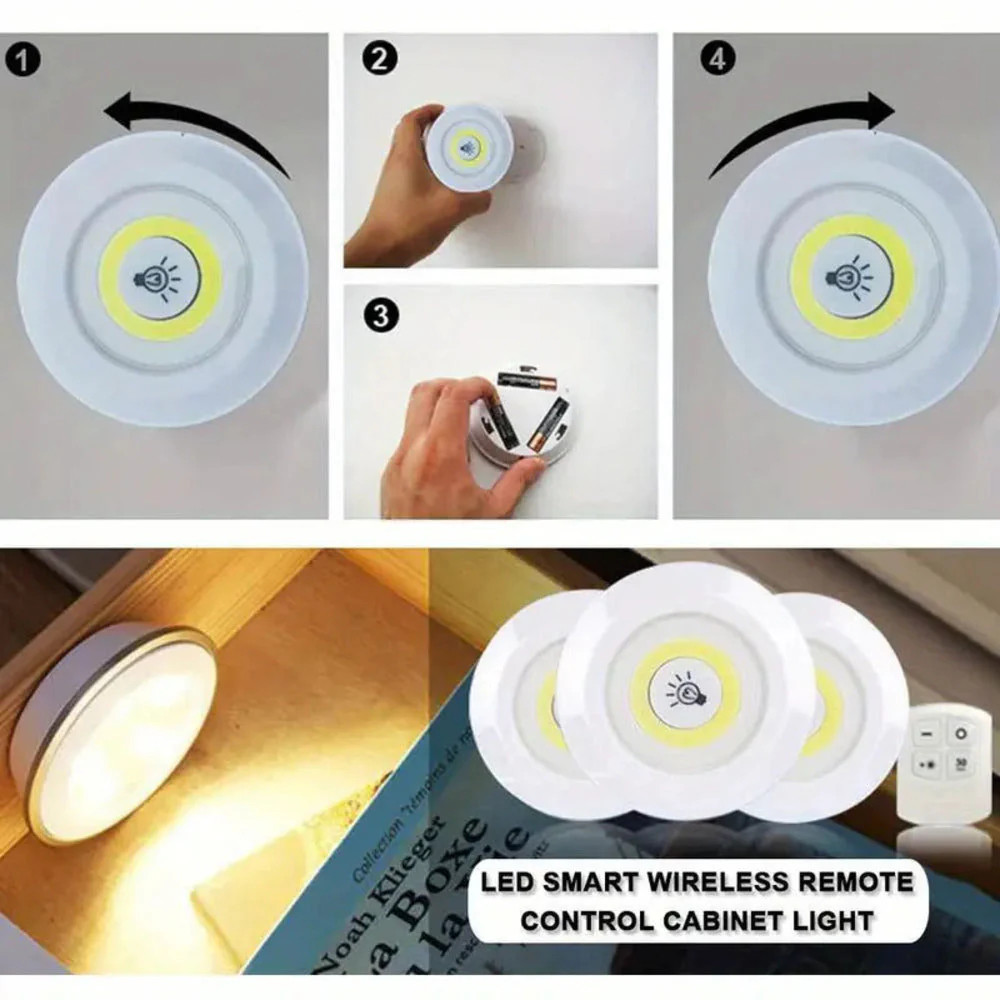 3pcs Smart Wireless LED COB Night Light, Wireless Remote Control for (White)