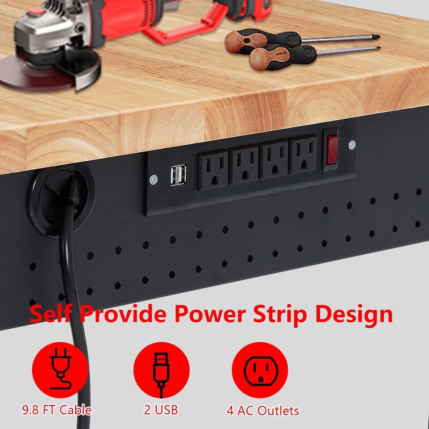 Multifunctional Adjustable Workbench 48"x24" w/ Pegboard Power Outlets & Wheels