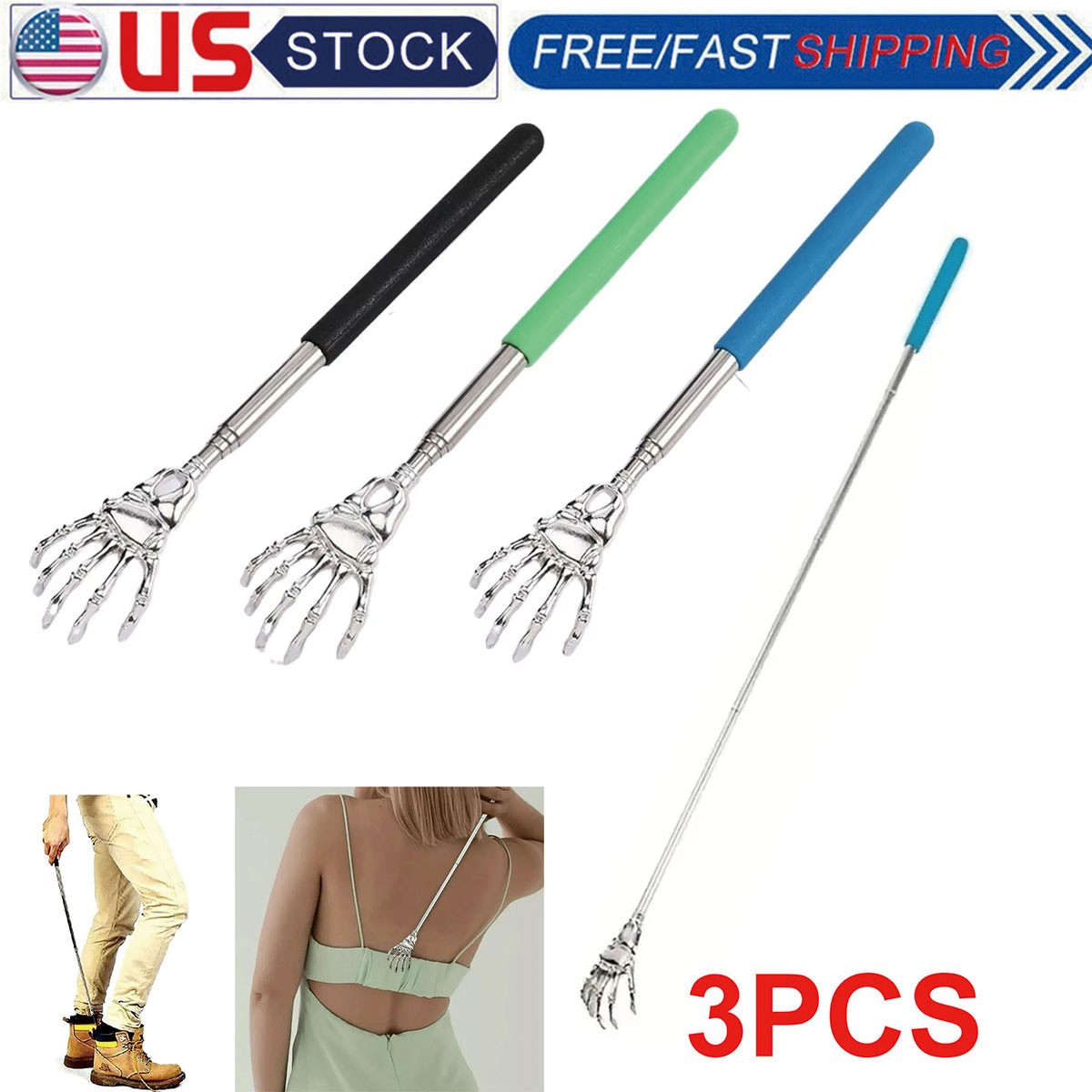 3PCS Extendable Back Scratcher, Metal Stainless Steel Telescoping Back Scratcher