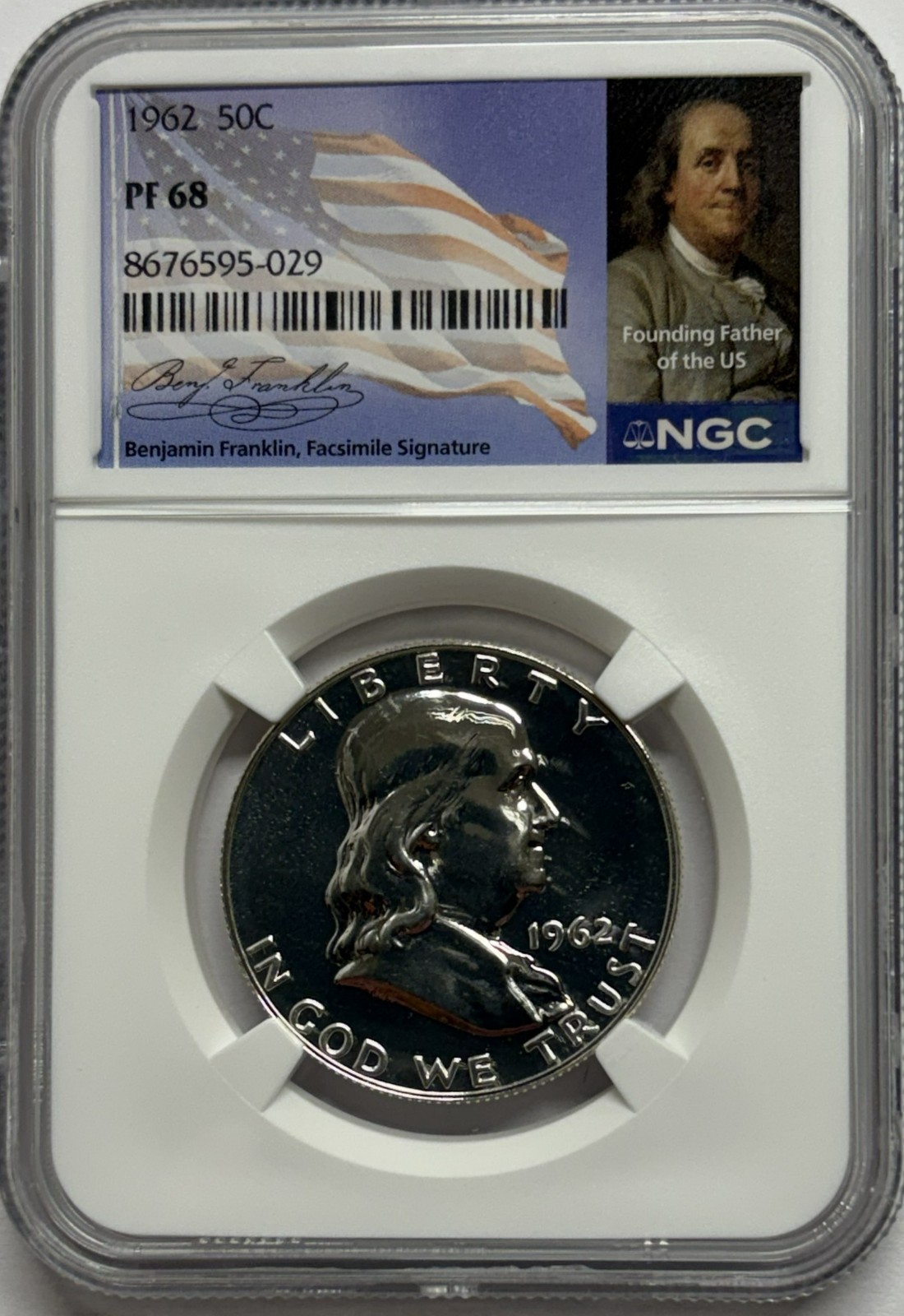 1962 NGC PF68 Proof Franklin Half Dollar 50c 90% Silver Signature Portrait Label