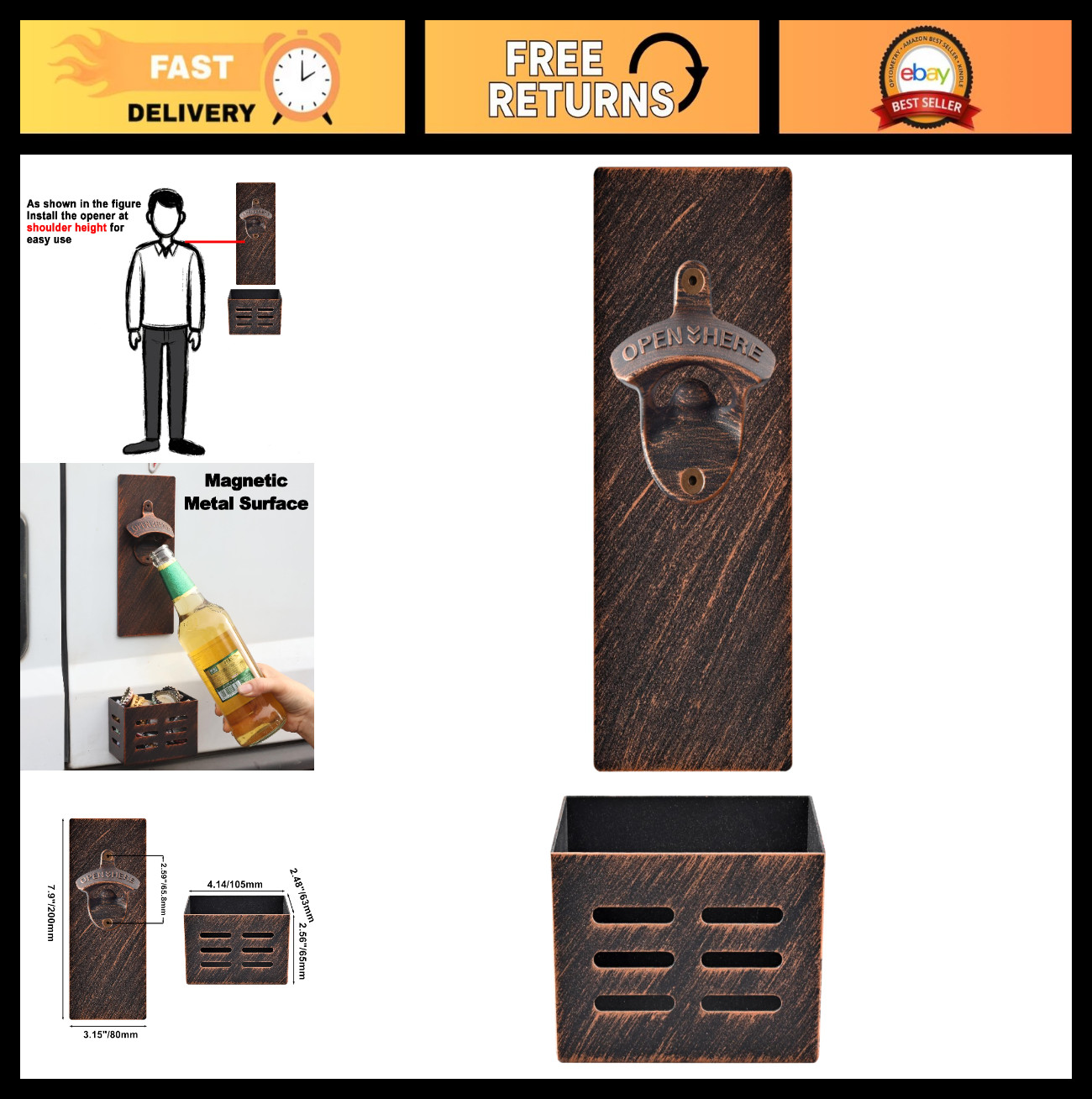 Wall Mounted Magnetic Beer Bottle Opener with Cap Catcher - Rustic Stainless Ste