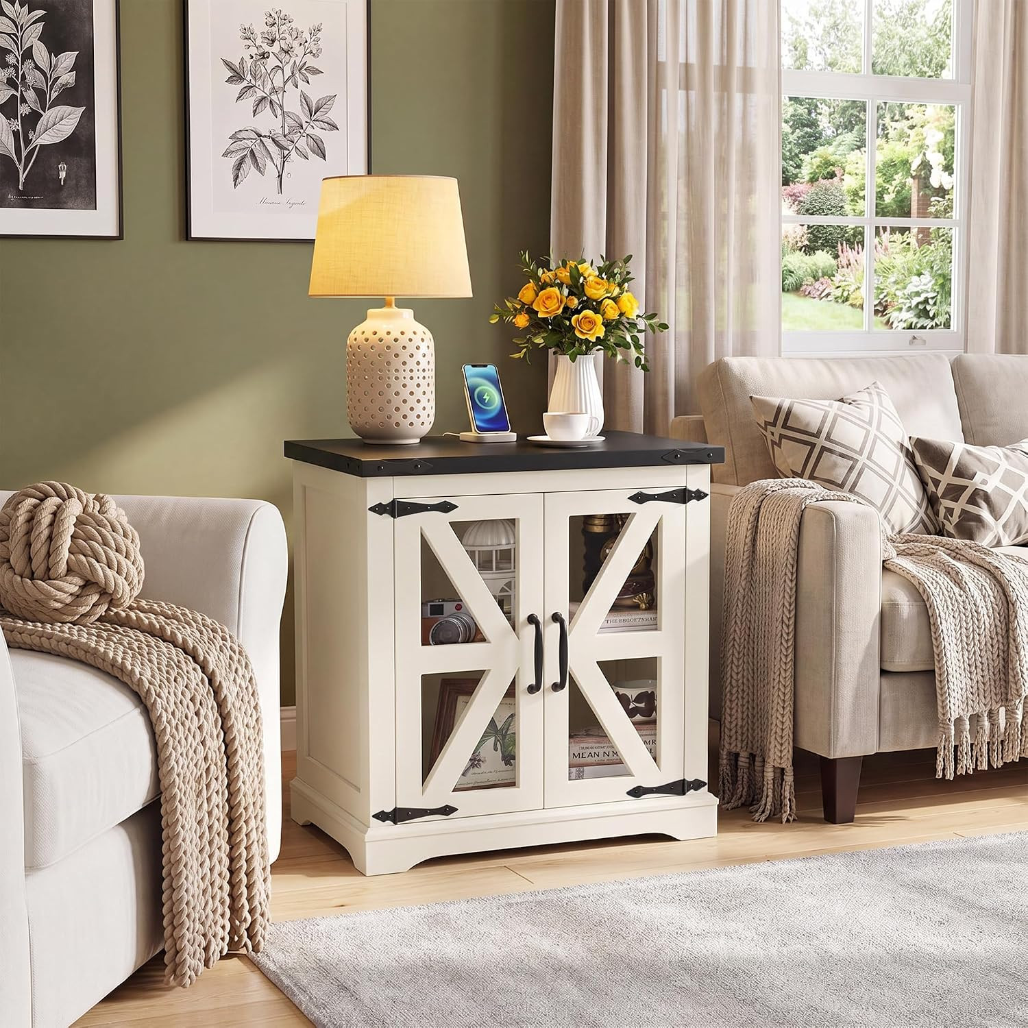 Farmhouse End Table, 24" Large End Tables with Storage, Rustic Square Sofa besid
