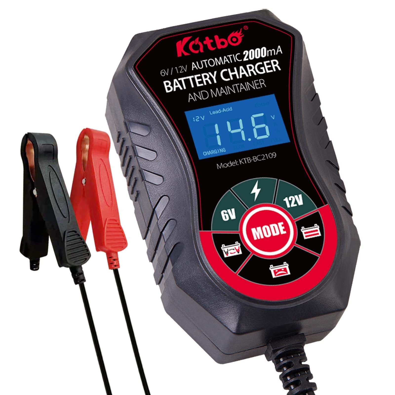 KATBO Battery Charger, 6V/12V 2-Amp Maintainer, car 2-Amp, Black