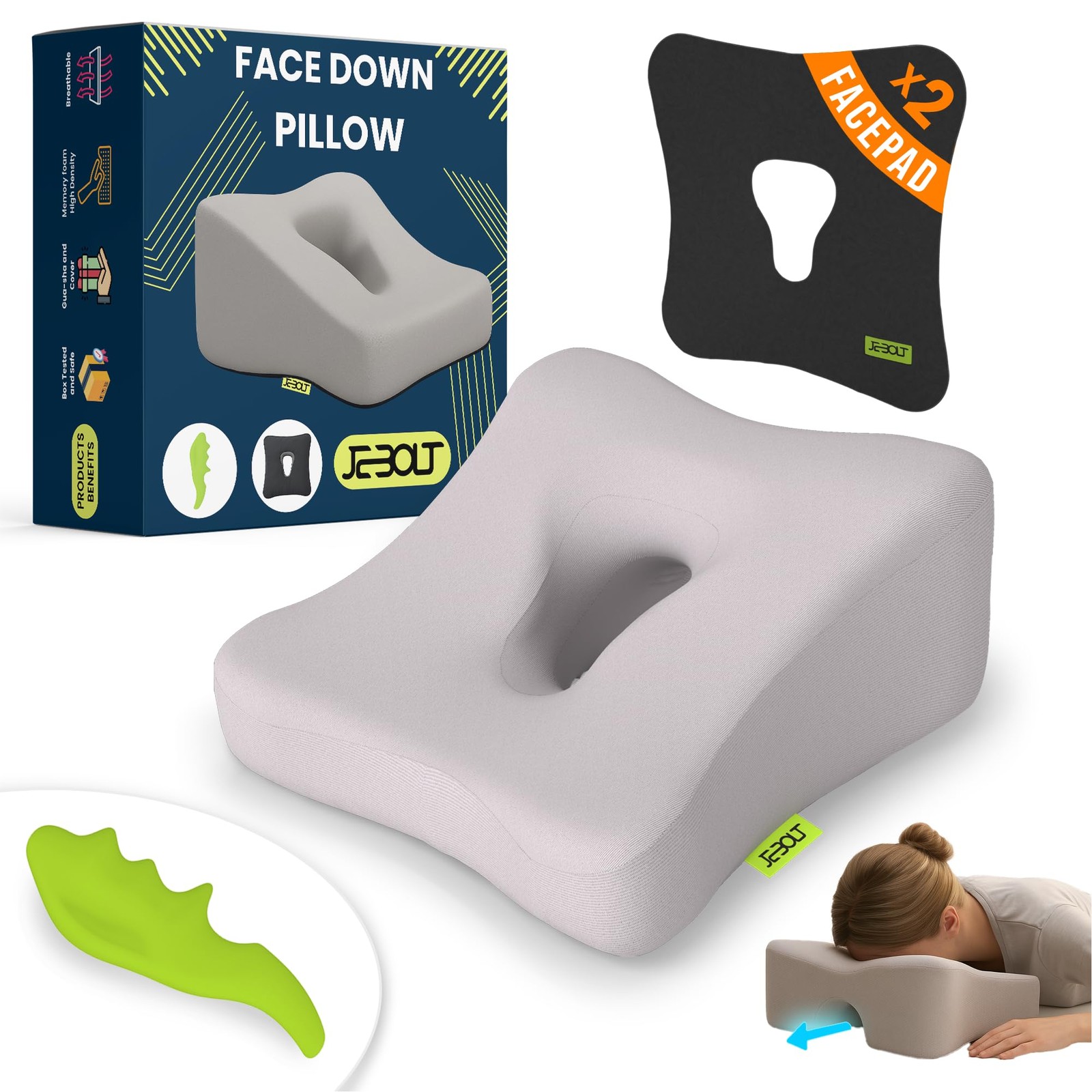 JEBOLT Face Down Pillow for Massage Table, headrest for Bed with 2 Cover and ...