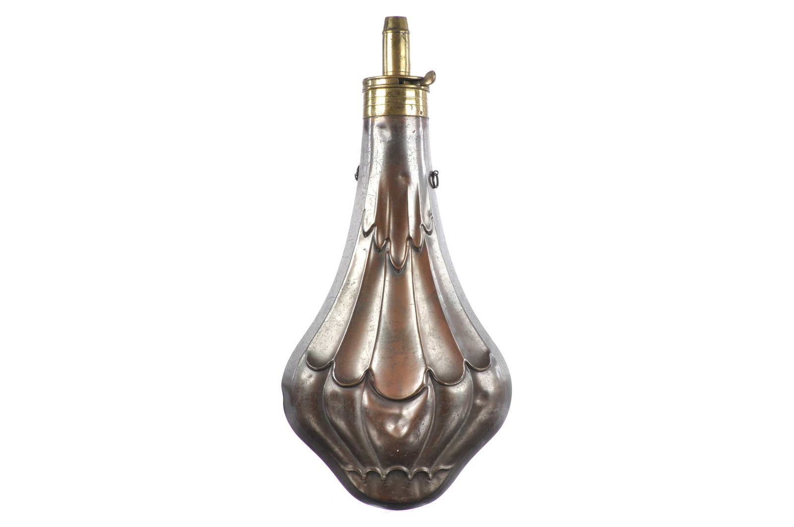 1800's Dixon & Sons Antique Powder Flask Fluted Draped Motif Copper & Brass
