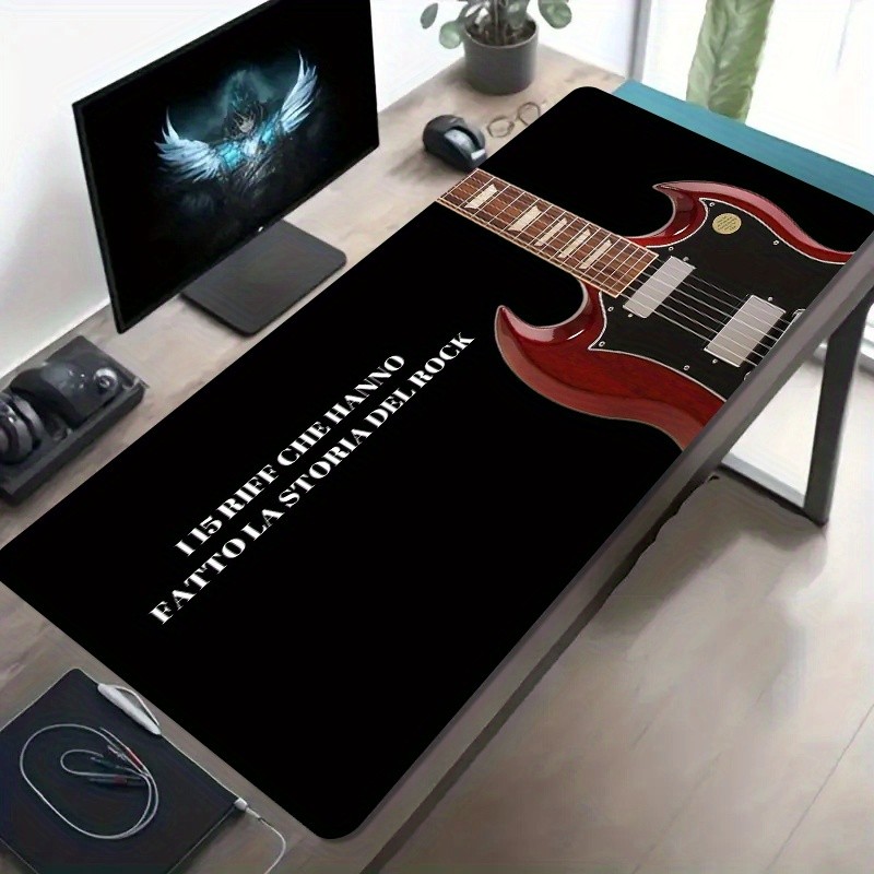 A Large Gaming Mouse Pad Featuring a Red Instrument Design on a Black Backgrou