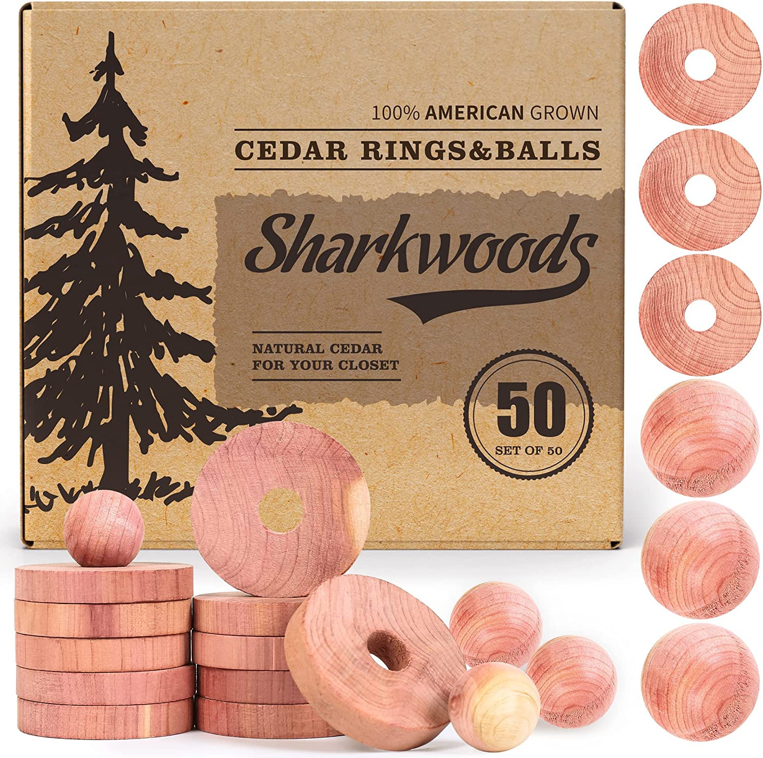 Cedar Blocks for Clothes Storage 50 Pack 30 Cedar Rings & 20 Cedar Balls 100% N