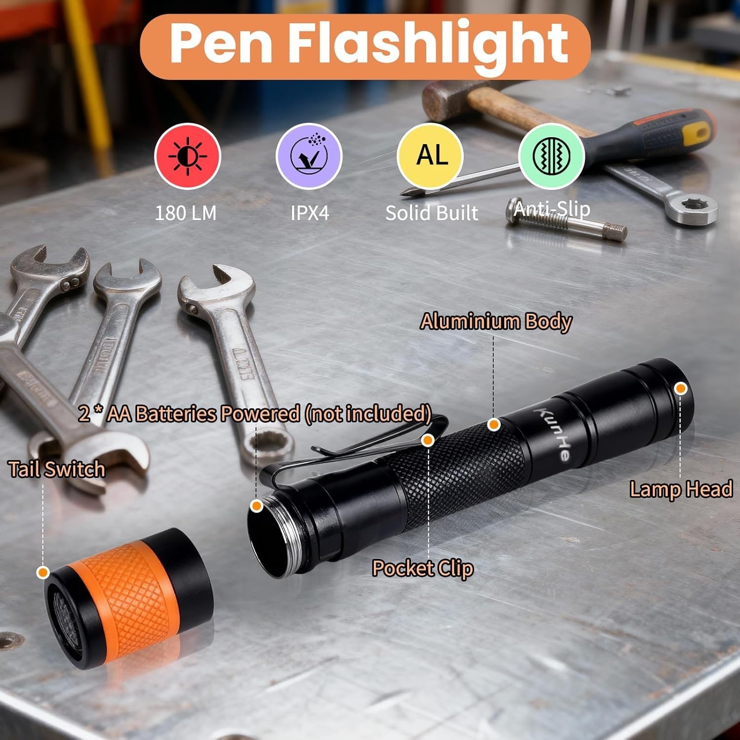 2-Pack 170 Lumens Waterproof LED Pen Flashlights
