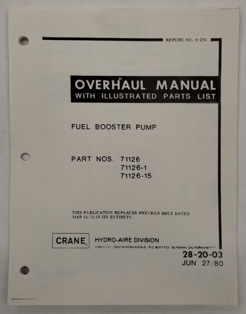 Crane Hydro-Aire Fuel Booster Pump Part No 71126/-1/71126-15 Overhaul Parts List
