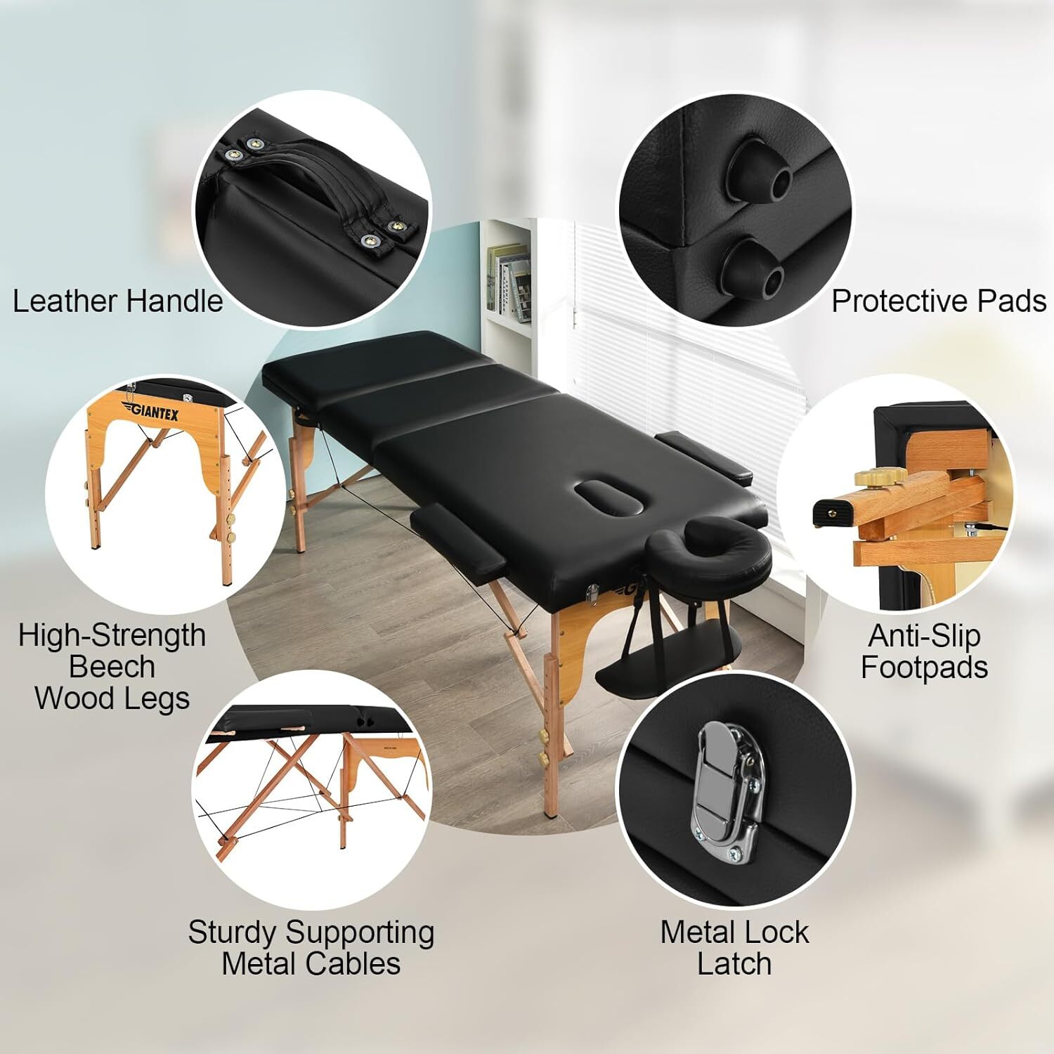 84" Folding Portable Massage Table 3 Sections Spa Salon Bed with Face Cradle
