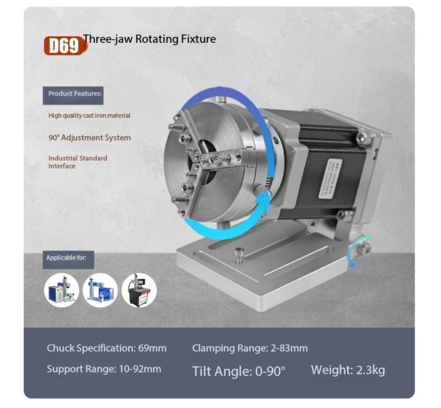 Fiber Laser Marking Machine with Rotating Head and Three-Jaw Rotating Chuck