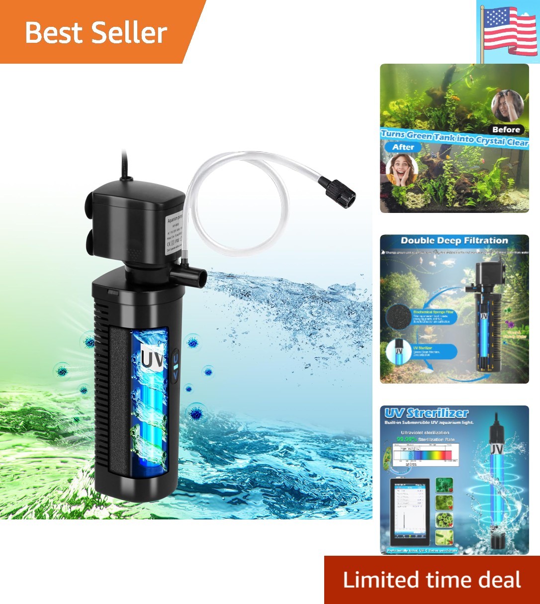 Aquarium Filter U-V for 20-75 Gallon, 200GPH Fish Tank Filter w/ 5W U-V Light...