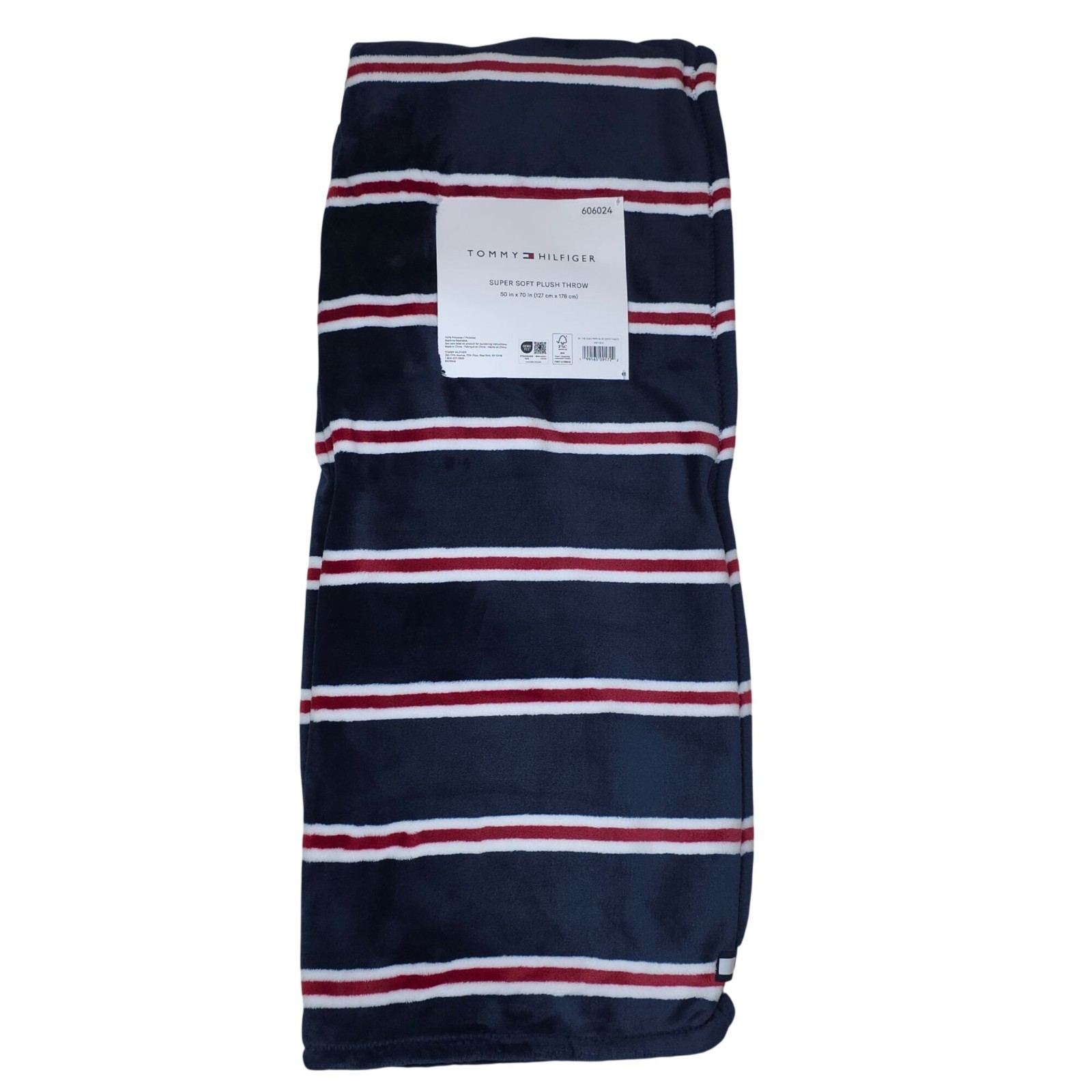 Tommy Hilfiger Super Soft Plush Throw Blanket 50" X 70" Striped Navy Red
