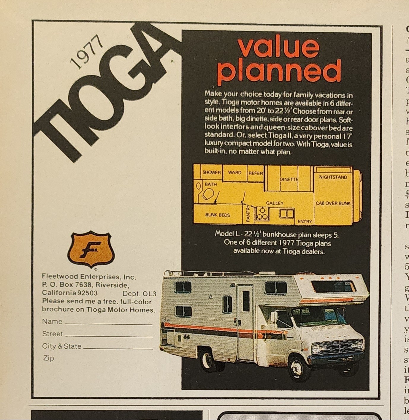 Fleetwood Tioga Motor Home Camper Picture Magazine Ad Vintage Original Retro